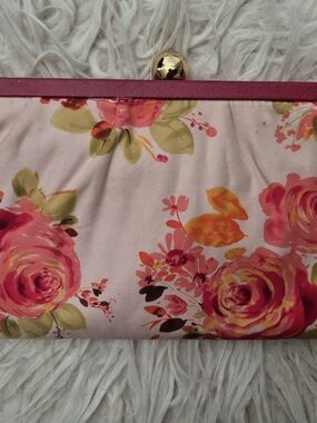 Banana Republic Pink Floral Satin Clutch with Gold-Tone Kiss-Lock Closure